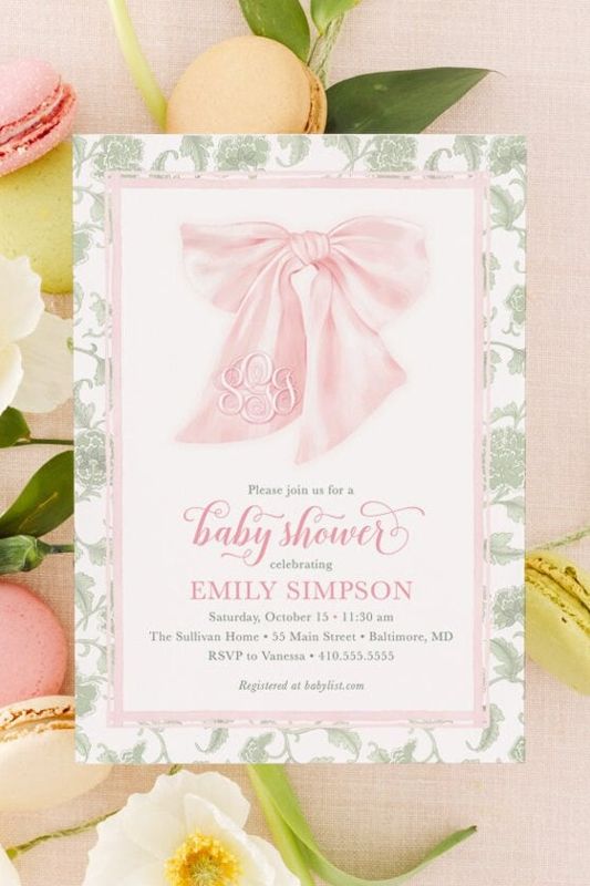 Preppy Southern Pink and Sage Green Bow Monogram Chinoiserie Baby Shower Invitation, Girl Baby Sprinkle Invites Winter, Baby Girl Garden Tea (10 printed invitations, Plain White Envelopes)