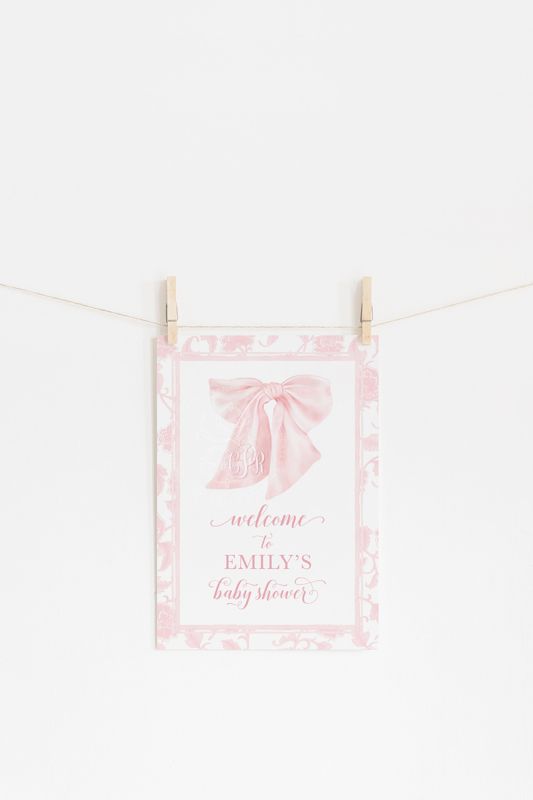 Pink Chinoiserie Baby Shower Welcome Sign, Monogram Bow, Heirloom Bow, Baby Brunch, Printable, Brunch for Baby, Watercolor