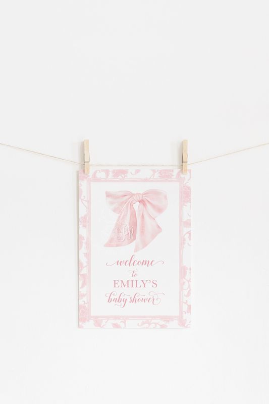 Pink Chinoiserie Baby Shower Welcome Sign, Monogram Bow, Heirloom Bow, Baby Brunch, Printable, Brunch for Baby, Watercolor