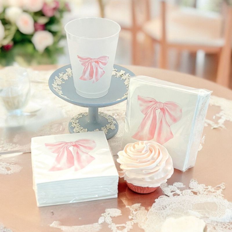 Pink Bow Cocktail Napkins for Baby Girl Shower, Bridesmaids Luncheon, Fancy Tea Party Decor, Pack of 50 napkins