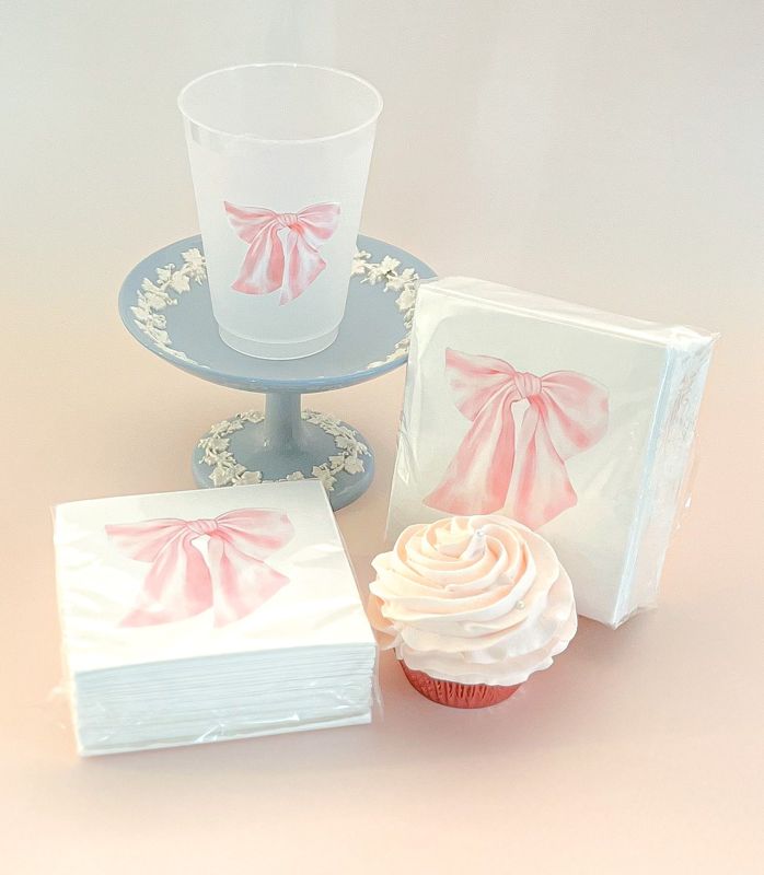 Pink Bow Cocktail Napkins for Baby Girl Shower, Bridesmaids Luncheon, Fancy Tea Party Decor, Pack of 50 napkins