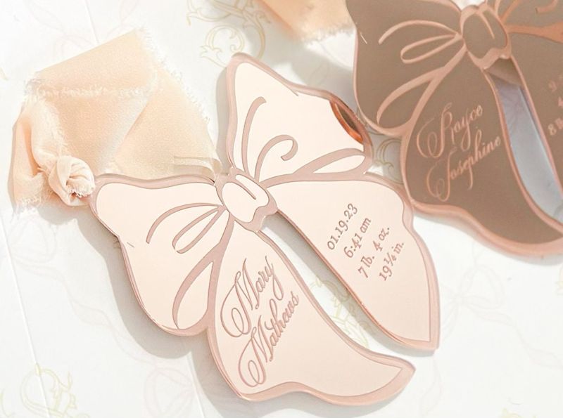 Pink Bow Keepsake Christmas Ornament Baby Girl baby’s First christmas ornament birth statistic ornament birth information stats (Rose Gold Mirror)