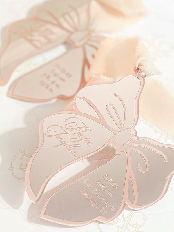 Pink Bow Keepsake Christmas Ornament Baby Girl baby’s First christmas ornament birth statistic ornament birth information stats (Rose Gold Mirror)