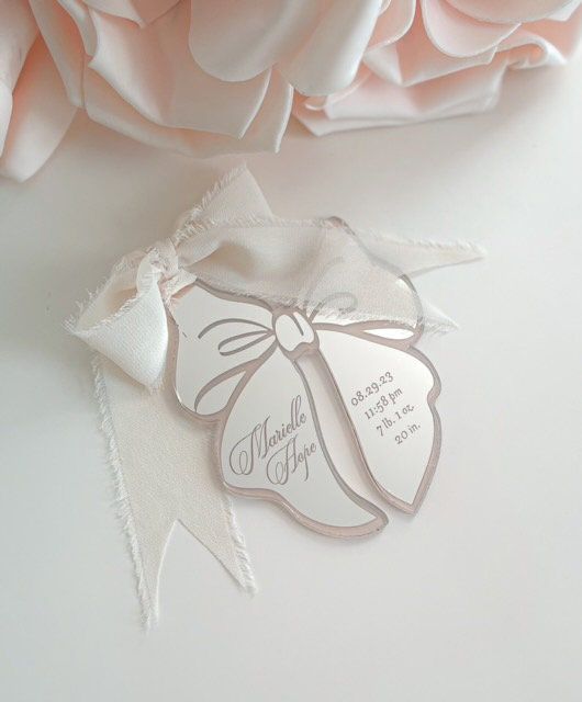 Pink Bow Keepsake Christmas Ornament Baby Girl baby’s First christmas ornament birth statistic ornament birth information stats (Rose Gold Mirror)