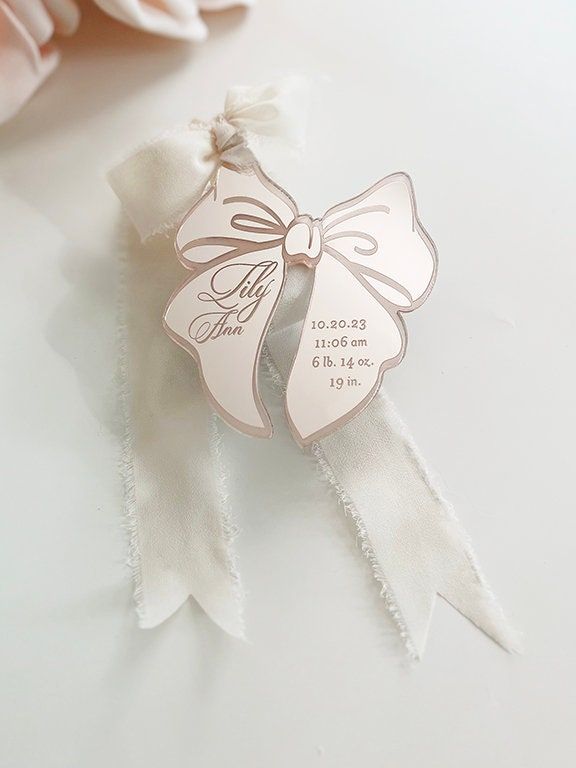 Pink Bow Keepsake Christmas Ornament Baby Girl baby’s First christmas ornament birth statistic ornament birth information stats (Rose Gold Mirror)