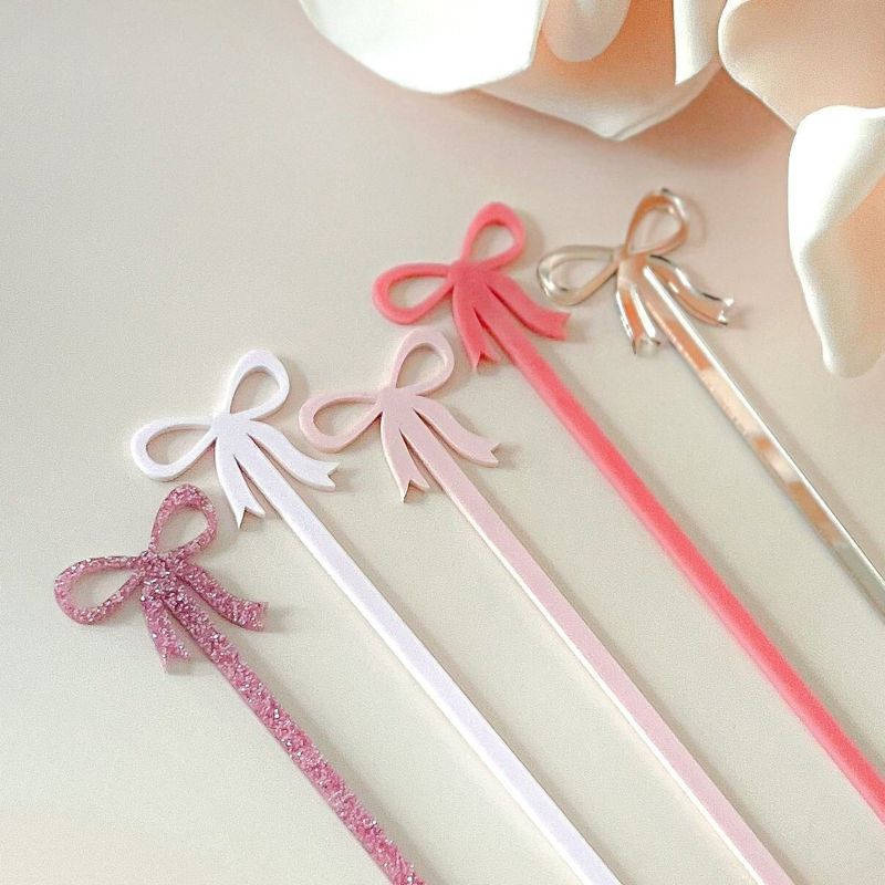 Pink bow drink stirrers for girl baby shower - cocktail stirrers - acrylic stir sticks - swizzle stick - baby girl sprinkle - french bow (Blush Pink, Set of 5 stirrers)