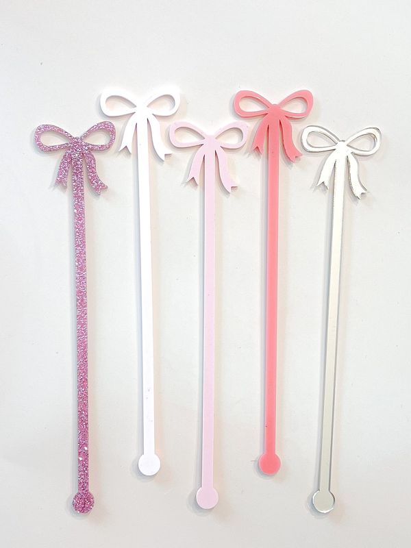 Pink bow drink stirrers for girl baby shower - cocktail stirrers - acrylic stir sticks - swizzle stick - baby girl sprinkle - french bow (Blush Pink, Set of 5 stirrers)