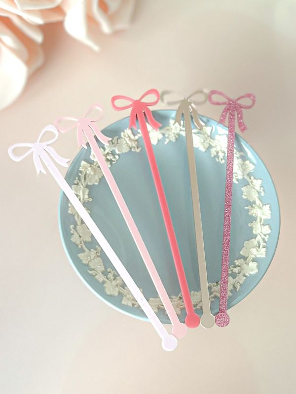 Pink bow drink stirrers for girl baby shower - cocktail stirrers - acrylic stir sticks - swizzle stick - baby girl sprinkle - french bow (Blush Pink, Set of 5 stirrers)