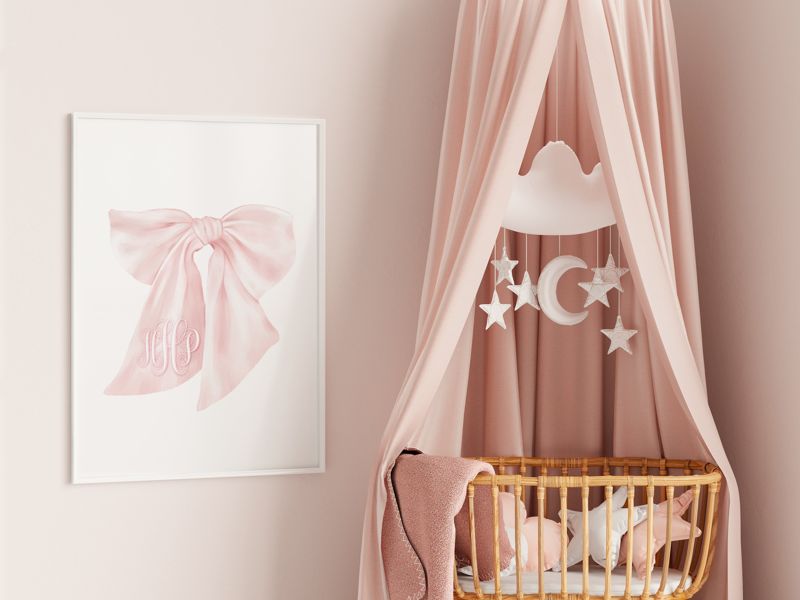 Pink Bow Wall Art for Nursery - Printed Pink Monogram Bow 8x10" - Girl Room Decor - Baby Girl Nursery - Grandmillenial Girls Room (5x7)