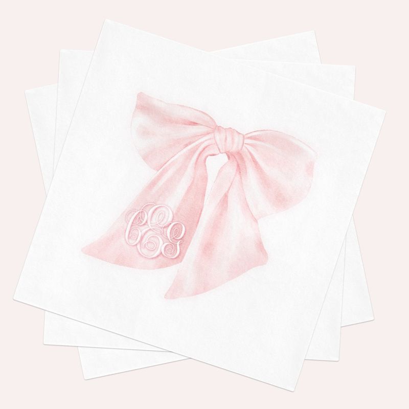 Printed Napkins for Baby Shower - Pink Bow Paper Napkins - Personalized Monogram Napkins for Baby Girl Sprinkle - Custom Cocktail Napkins (100 Printed Napkins | Cocktail 4.75")