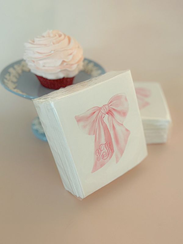 Printed Napkins for Baby Shower - Pink Bow Paper Napkins - Personalized Monogram Napkins for Baby Girl Sprinkle - Custom Cocktail Napkins (100 Printed Napkins | Cocktail 4.75")
