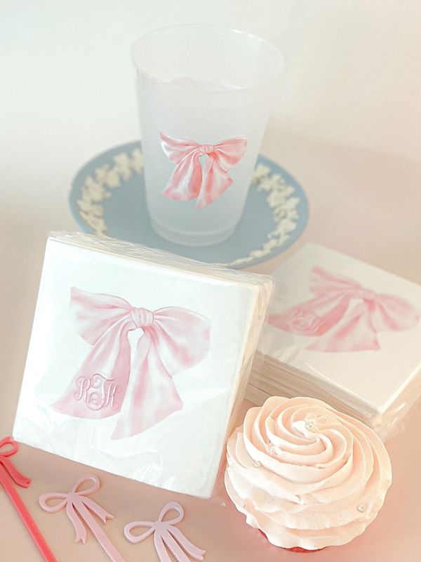 Printed Napkins for Baby Shower - Pink Bow Paper Napkins - Personalized Monogram Napkins for Baby Girl Sprinkle - Custom Cocktail Napkins (100 Printed Napkins | Cocktail 4.75")