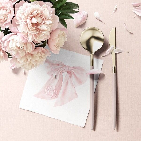 Printed Napkins for Baby Shower - Pink Bow Paper Napkins - Personalized Monogram Napkins for Baby Girl Sprinkle - Custom Cocktail Napkins (100 Printed Napkins | Cocktail 4.75")