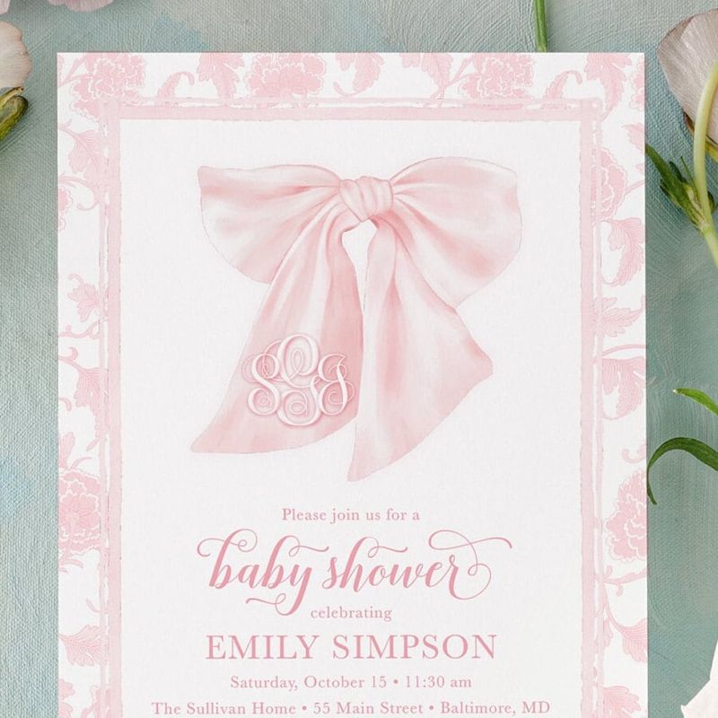 Girl Baby Shower Invitation with Big Pink Watercolor Bow, Chinoiserie Baby Girl Sprinkle Invitation, Fancy Garden Party, Hamptons Picnic (10 printed invitations | Plain White Envelopes)