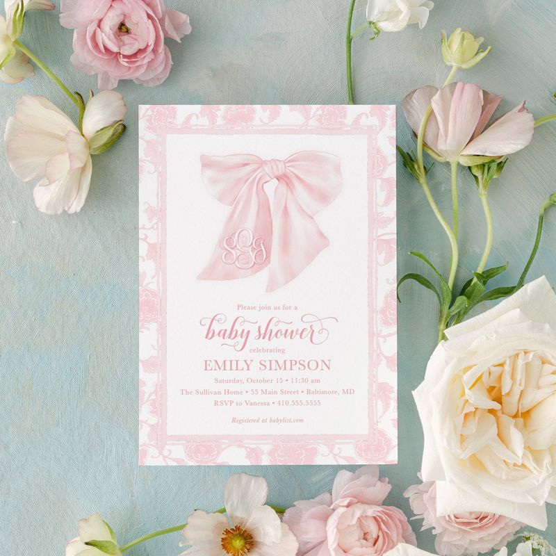 Girl Baby Shower Invitation with Big Pink Watercolor Bow, Chinoiserie Baby Girl Sprinkle Invitation, Fancy Garden Party, Hamptons Picnic (10 printed invitations | Plain White Envelopes)