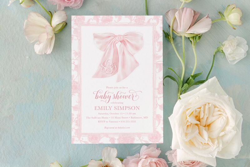 Girl Baby Shower Invitation with Big Pink Watercolor Bow, Chinoiserie Baby Girl Sprinkle Invitation, Fancy Garden Party, Hamptons Picnic (10 printed invitations | Plain White Envelopes)