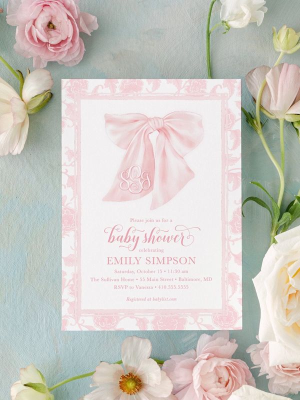Girl Baby Shower Invitation with Big Pink Watercolor Bow, Chinoiserie Baby Girl Sprinkle Invitation, Fancy Garden Party, Hamptons Picnic (10 printed invitations | Plain White Envelopes)