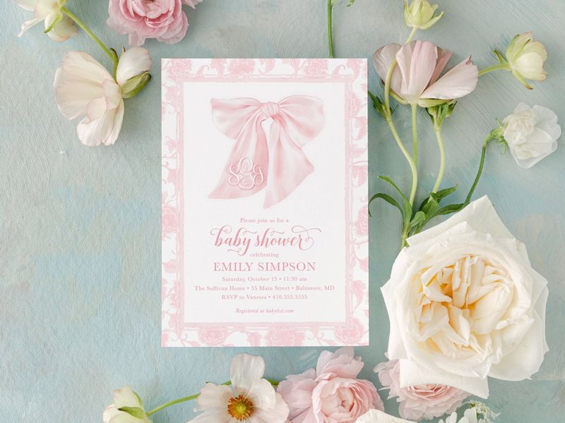 Girl Baby Shower Invitation with Big Pink Watercolor Bow, Chinoiserie Baby Girl Sprinkle Invitation, Fancy Garden Party, Hamptons Picnic (10 printed invitations | Plain White Envelopes)