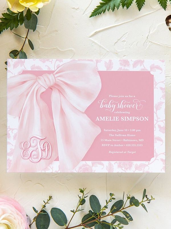 Pink Chinoiserie Baby Shower Invites - Whimsical Baby Sprinkle - Monogram Pink Bow, Chinoiserie Invitations, Girl Baby Shower Grandmillenial (10 printed invitations, Plain White Envelopes)