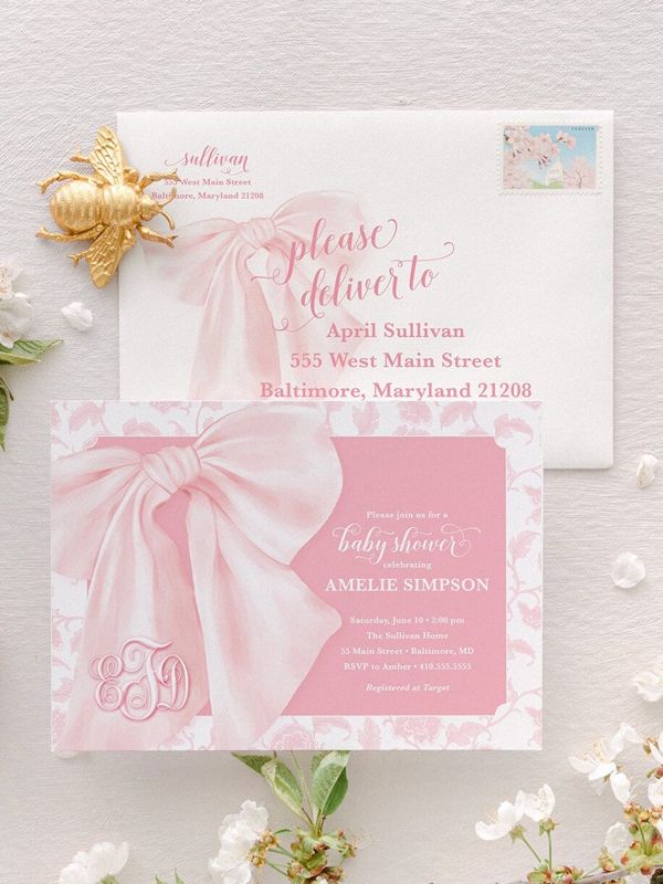 Pink Chinoiserie Baby Shower Invites - Whimsical Baby Sprinkle - Monogram Pink Bow, Chinoiserie Invitations, Girl Baby Shower Grandmillenial (10 printed invitations, Plain White Envelopes)