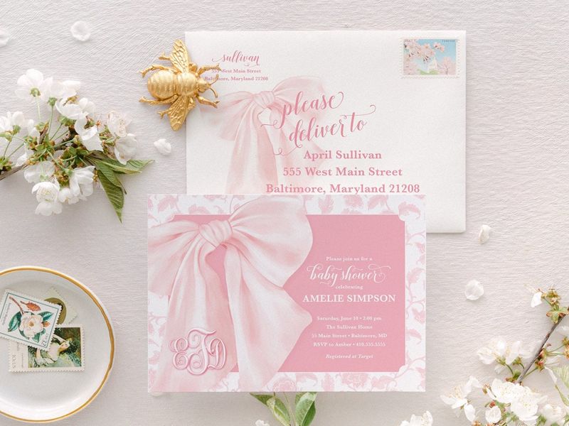 Pink Chinoiserie Baby Shower Invites - Whimsical Baby Sprinkle - Monogram Pink Bow, Chinoiserie Invitations, Girl Baby Shower Grandmillenial (10 printed invitations, Plain White Envelopes)