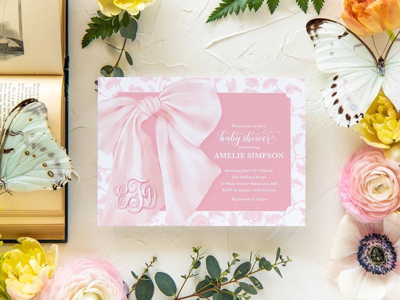 Pink Chinoiserie Baby Shower Invites - Whimsical Baby Sprinkle - Monogram Pink Bow, Chinoiserie Invitations, Girl Baby Shower Grandmillenial (10 printed invitations, Plain White Envelopes)