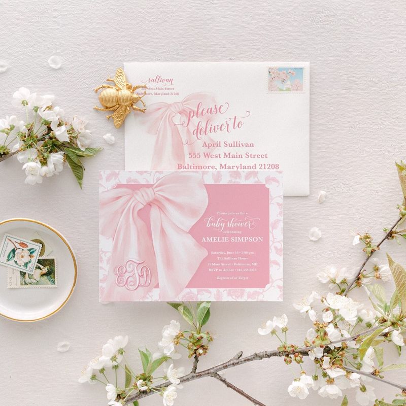 Pink Chinoiserie Baby Shower Invites - Whimsical Baby Sprinkle - Monogram Pink Bow, Chinoiserie Invitations, Girl Baby Shower Grandmillenial (10 printed invitations, Plain White Envelopes)