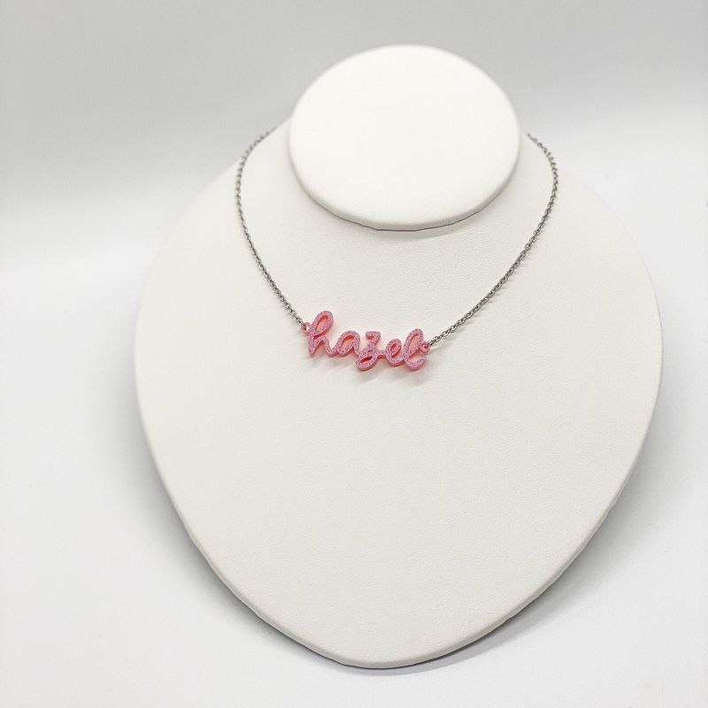 Acrylic Name Necklace, Personalized Pink Nameplate Necklace, Gift for Her, Pink Sparkly Summer Festival Necklace, Summer Pink Movie Premiere (glittery pink, Silver Tone 12")