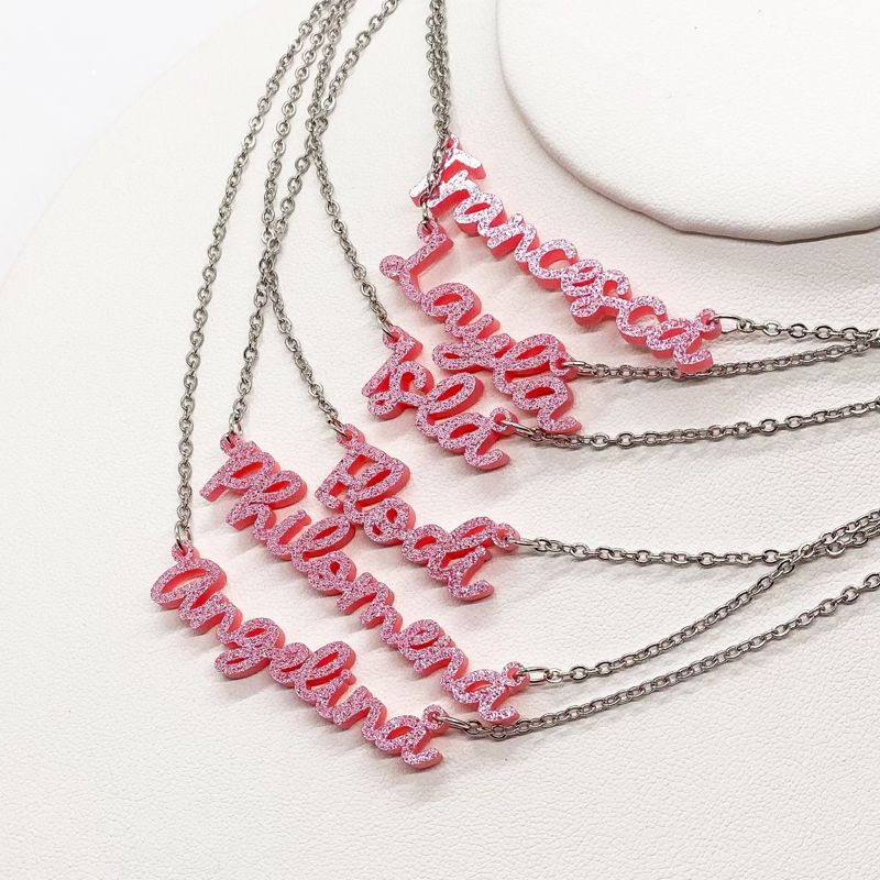 Acrylic Name Necklace, Personalized Pink Nameplate Necklace, Gift for Her, Pink Sparkly Summer Festival Necklace, Summer Pink Movie Premiere (glittery pink, Silver Tone 12")