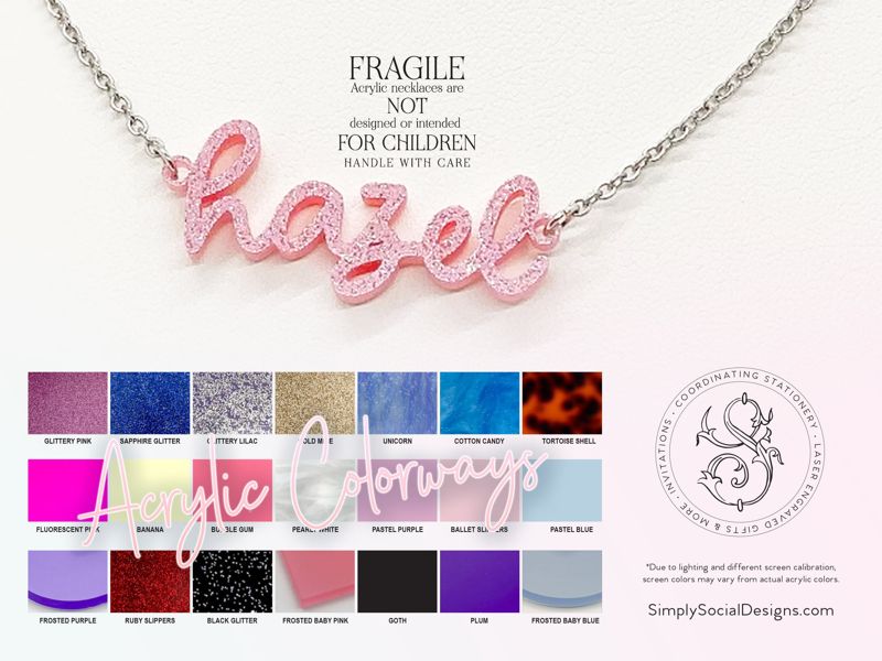 Acrylic Name Necklace, Personalized Pink Nameplate Necklace, Gift for Her, Pink Sparkly Summer Festival Necklace, Summer Pink Movie Premiere (glittery pink, Silver Tone 12")