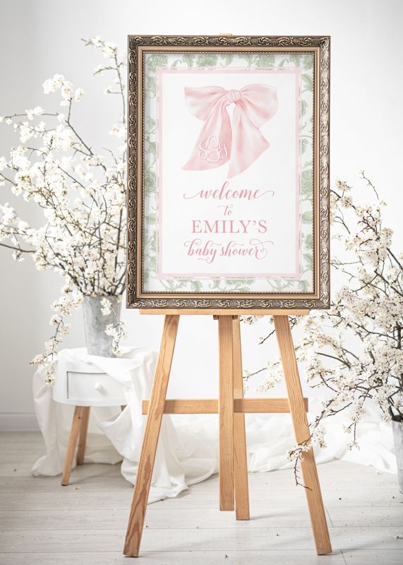 Printed Sage Green and Pink Chinoiserie Baby Shower Welcome Sign - 18 x 24" welcome poster - sip and see - baby sprinkle (18x24")