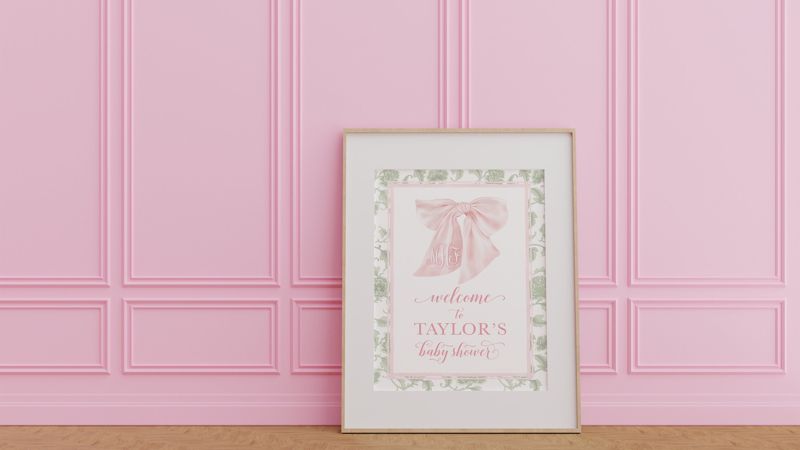 Printed Sage Green and Pink Chinoiserie Baby Shower Welcome Sign - 18 x 24" welcome poster - sip and see - baby sprinkle (18x24")