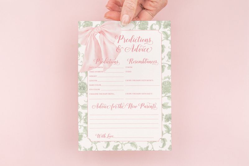 INSTANT DOWNLOAD - Predictions and Advice Baby Shower Game - Pink Heirloom Bow Chinoiserie - Girl Baby Shower - Sage Chinoiserie PRINTABLE