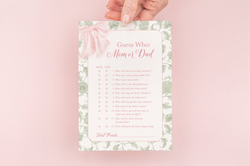 INSTANT DOWNLOAD - Guess Mom or Dad Baby Shower Game with Pink Heirloom Bow and Sage Green Chinoiserie - Girl Baby Shower