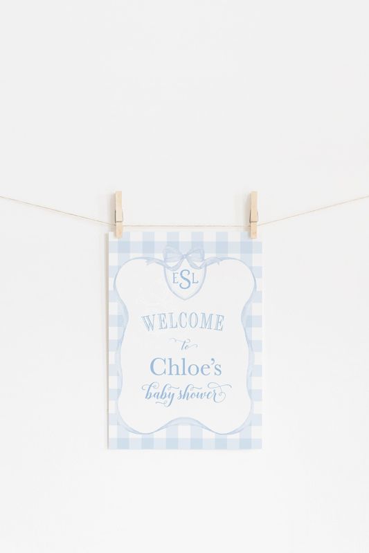 Blue Gingham Baby Boy Shower Welcome Sign - Baby Boy Sprinkle