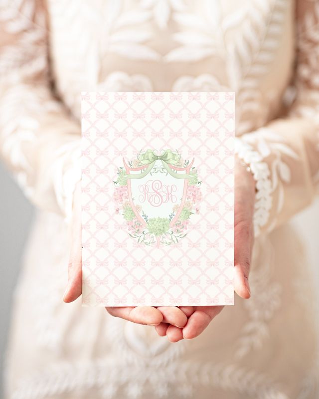 Grandmillenial Baby Girl Shower Invitations with Monogram, Sprinkle for Baby Girl, Pink Hydrangea Bow Crest, Timeless Heirloom Invitation (10 printed invitations, Plain White Envelopes)