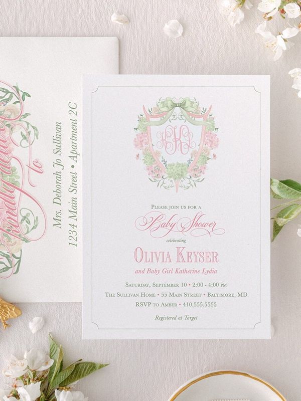 Grandmillenial Baby Girl Shower Invitations with Monogram, Sprinkle for Baby Girl, Pink Hydrangea Bow Crest, Timeless Heirloom Invitation (10 printed invitations, Plain White Envelopes)