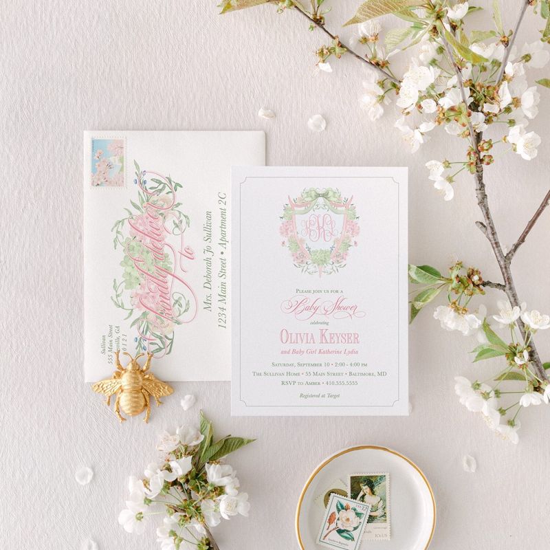 Grandmillenial Baby Girl Shower Invitations with Monogram, Sprinkle for Baby Girl, Pink Hydrangea Bow Crest, Timeless Heirloom Invitation (10 printed invitations, Plain White Envelopes)