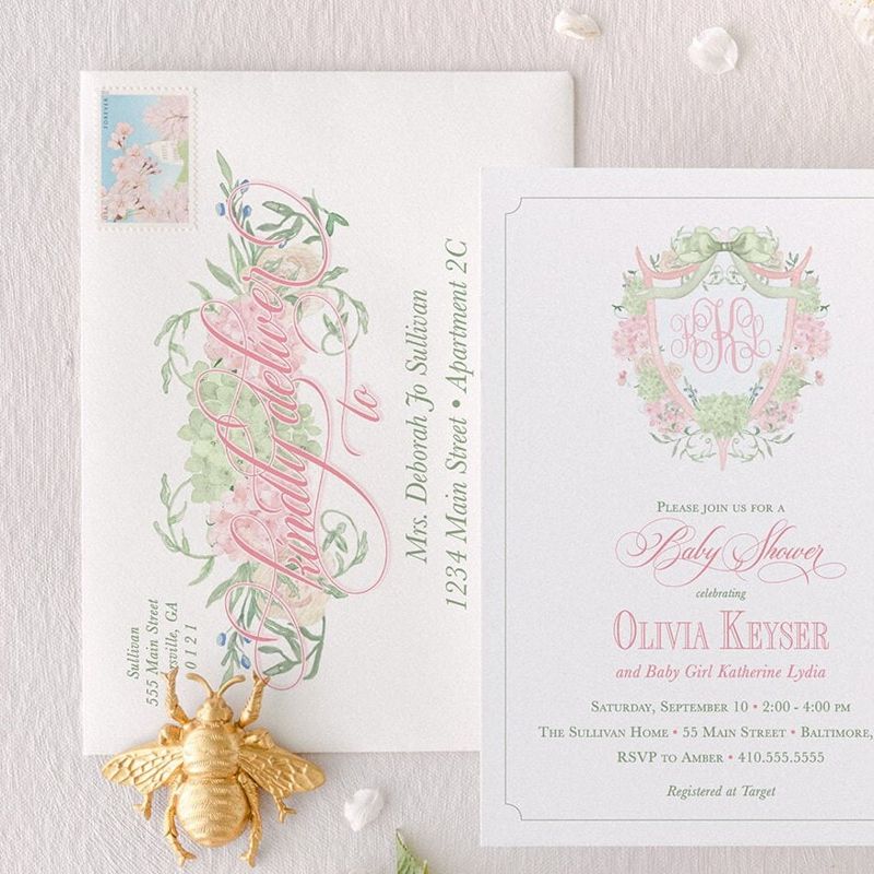 Grandmillenial Baby Girl Shower Invitations with Monogram, Sprinkle for Baby Girl, Pink Hydrangea Bow Crest, Timeless Heirloom Invitation (10 printed invitations, Plain White Envelopes)