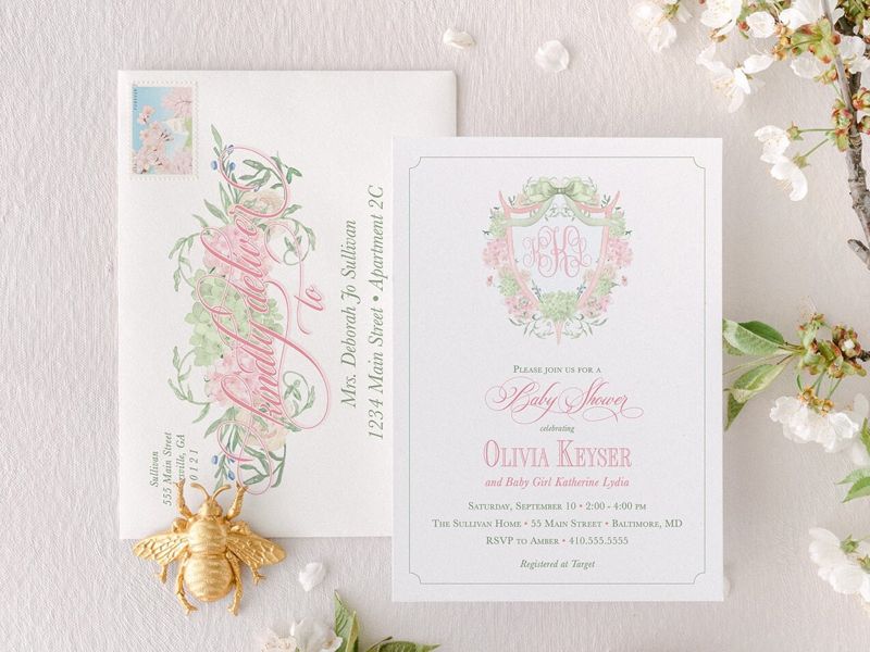 Grandmillenial Baby Girl Shower Invitations with Monogram, Sprinkle for Baby Girl, Pink Hydrangea Bow Crest, Timeless Heirloom Invitation (10 printed invitations, Plain White Envelopes)