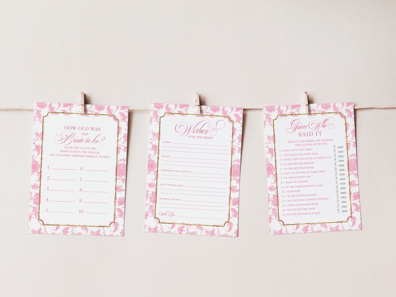 Bridal Shower Games Bundle - Pink Chinoiserie Printable Games - Bridal Bingo - Guess Who Said it - What's in your purse - Wishes for bride
