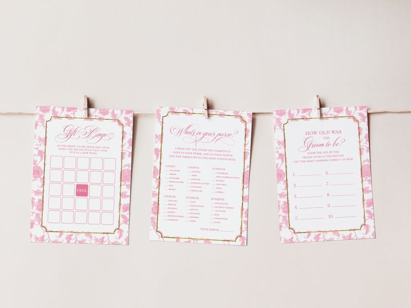 Bridal Shower Games Bundle - Pink Chinoiserie Printable Games - Bridal Bingo - Guess Who Said it - What's in your purse - Wishes for bride