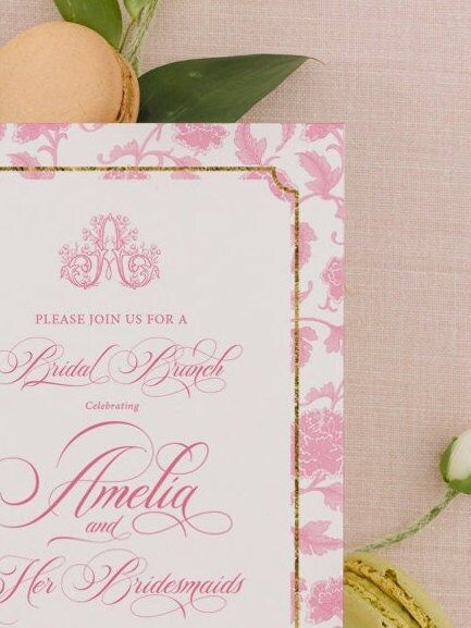 Chinoiserie Monogram Bridal Shower Invitations Fancy Bridal Brunch Chinoiserie Chic Invites Classic Toile Pink and White Bridal Luncheon (10 printed invitations, Plain White Envelopes)