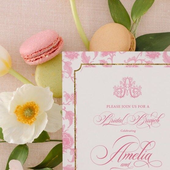 Chinoiserie Monogram Bridal Shower Invitations Fancy Bridal Brunch Chinoiserie Chic Invites Classic Toile Pink and White Bridal Luncheon (10 printed invitations, Plain White Envelopes)