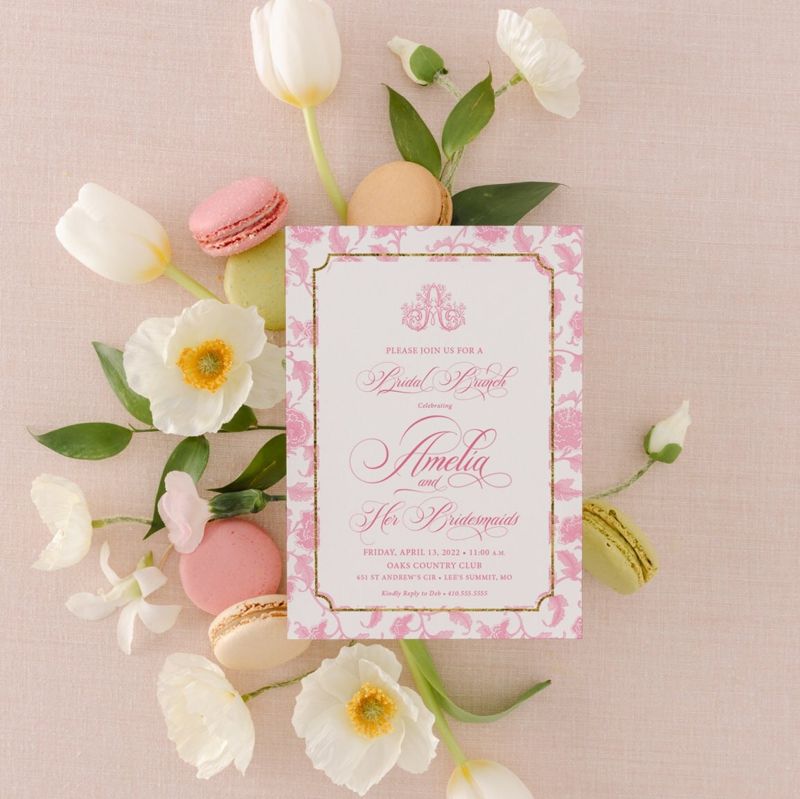Chinoiserie Monogram Bridal Shower Invitations Fancy Bridal Brunch Chinoiserie Chic Invites Classic Toile Pink and White Bridal Luncheon (10 printed invitations, Plain White Envelopes)