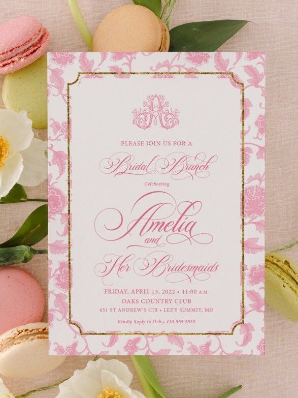 Chinoiserie Monogram Bridal Shower Invitations Fancy Bridal Brunch Chinoiserie Chic Invites Classic Toile Pink and White Bridal Luncheon (10 printed invitations, Plain White Envelopes)