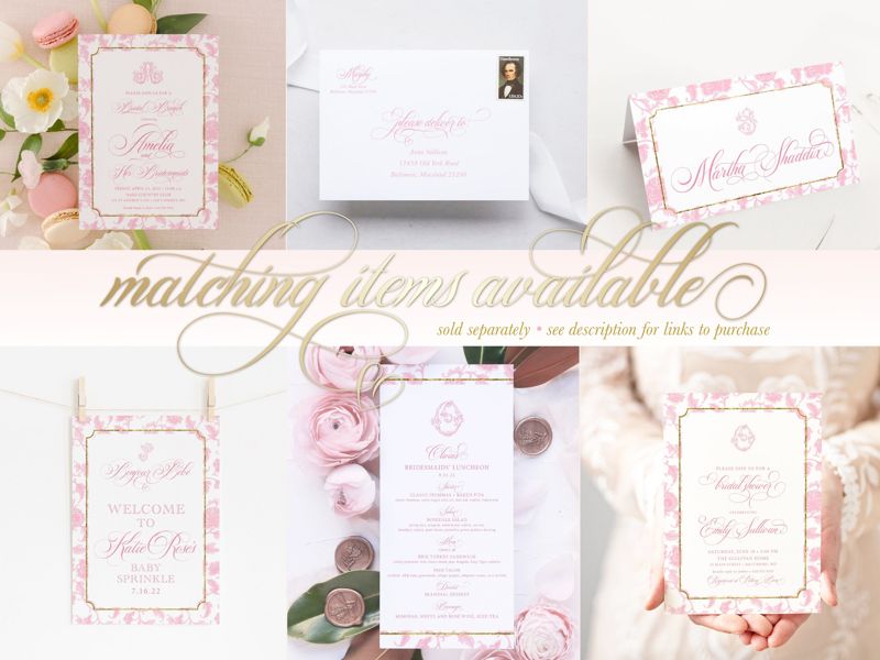 Chinoiserie Monogram Bridal Shower Invitations Fancy Bridal Brunch Chinoiserie Chic Invites Classic Toile Pink and White Bridal Luncheon (10 printed invitations, Plain White Envelopes)
