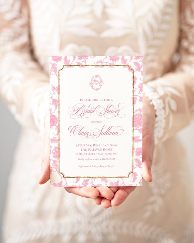 Chinoiserie Monogram Bridal Shower Invitations Fancy Bridal Brunch Chinoiserie Chic Invites Classic Toile Pink and White Bridal Luncheon (10 printed invitations, Plain White Envelopes)