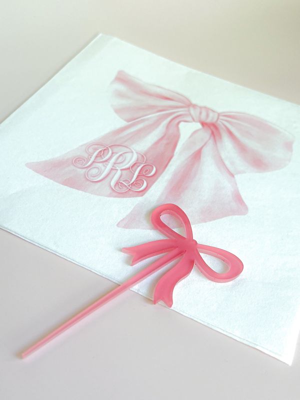 Pink Bow Cupcake Toppers for girl baby shower - Girl birthday party - acrylic cake topper - french bow - Fancy Garden Tea Party Decoration (Blush Pink, Set of 5 cupcake toppers)
