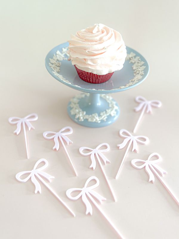 Pink Bow Cupcake Toppers for girl baby shower - Girl birthday party - acrylic cake topper - french bow - Fancy Garden Tea Party Decoration (Blush Pink, Set of 5 cupcake toppers)